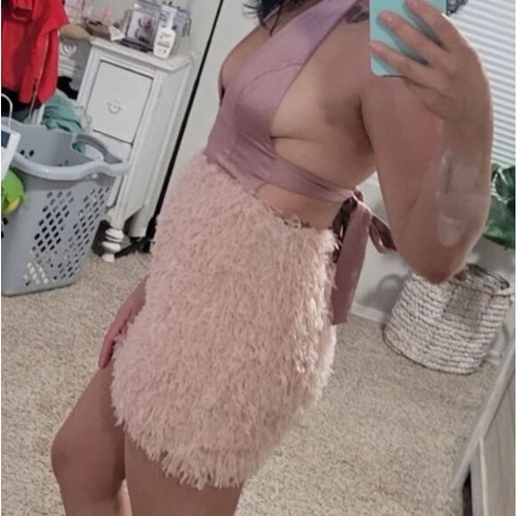 Sexy Plunge Neck Cutout  Halter Backless Pink Feather Glinda Mini Dress - Picture 9 of 13